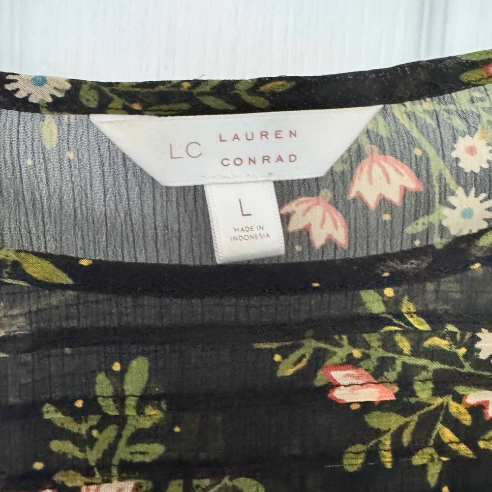 LC Lauren Conrad Black Sheer Blouse with Pink & Green Floral Print - Picture 3 of 4